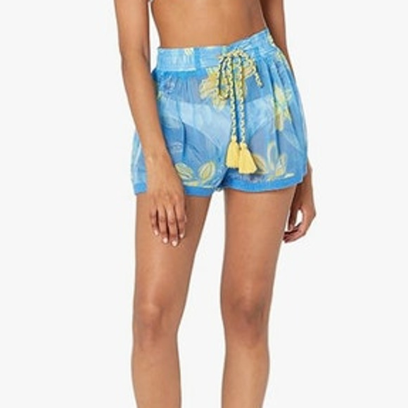 RAMY BROOK Shorts NEW Size L Printed Tessa Semi Sheer Blue Elastic Waist $195 - Picture 1 of 8
